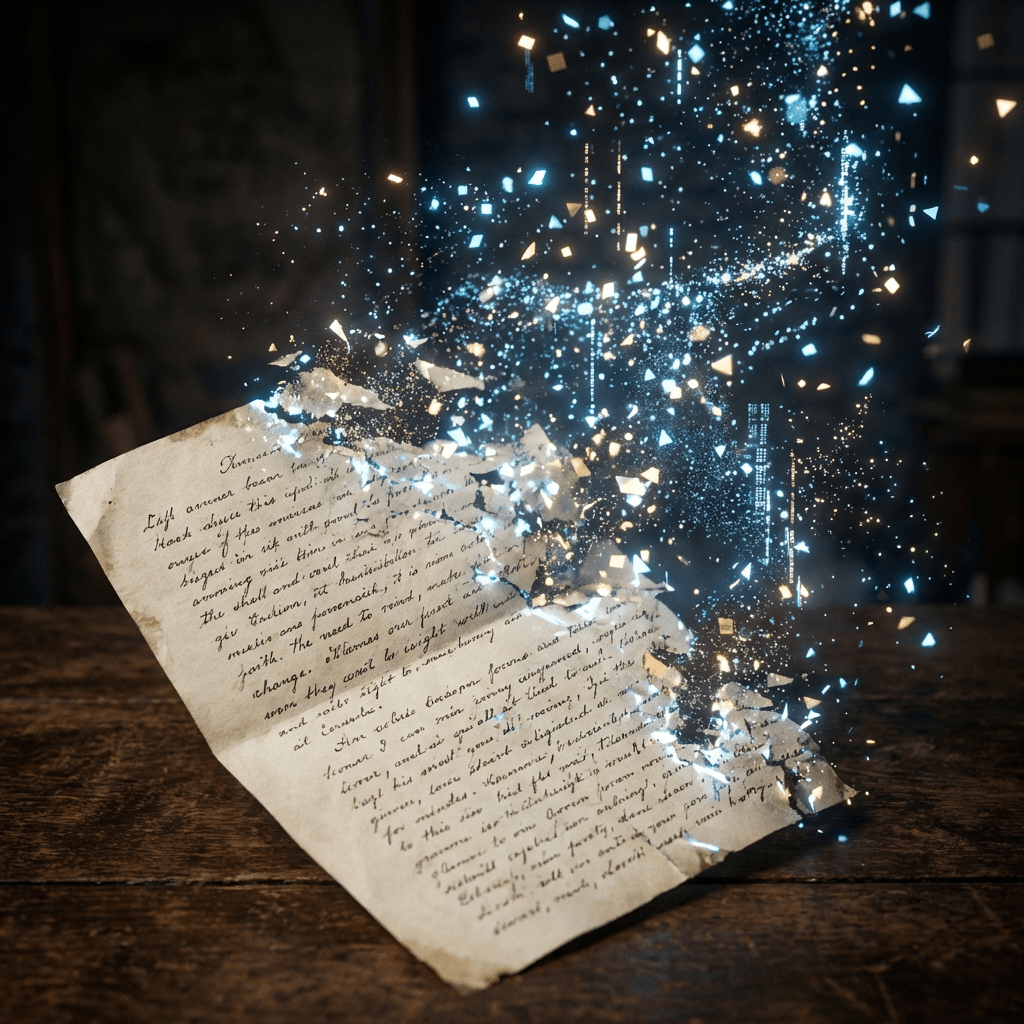 An old handwritten document on a wooden table dissolving into glowing blue and gold digital particles.